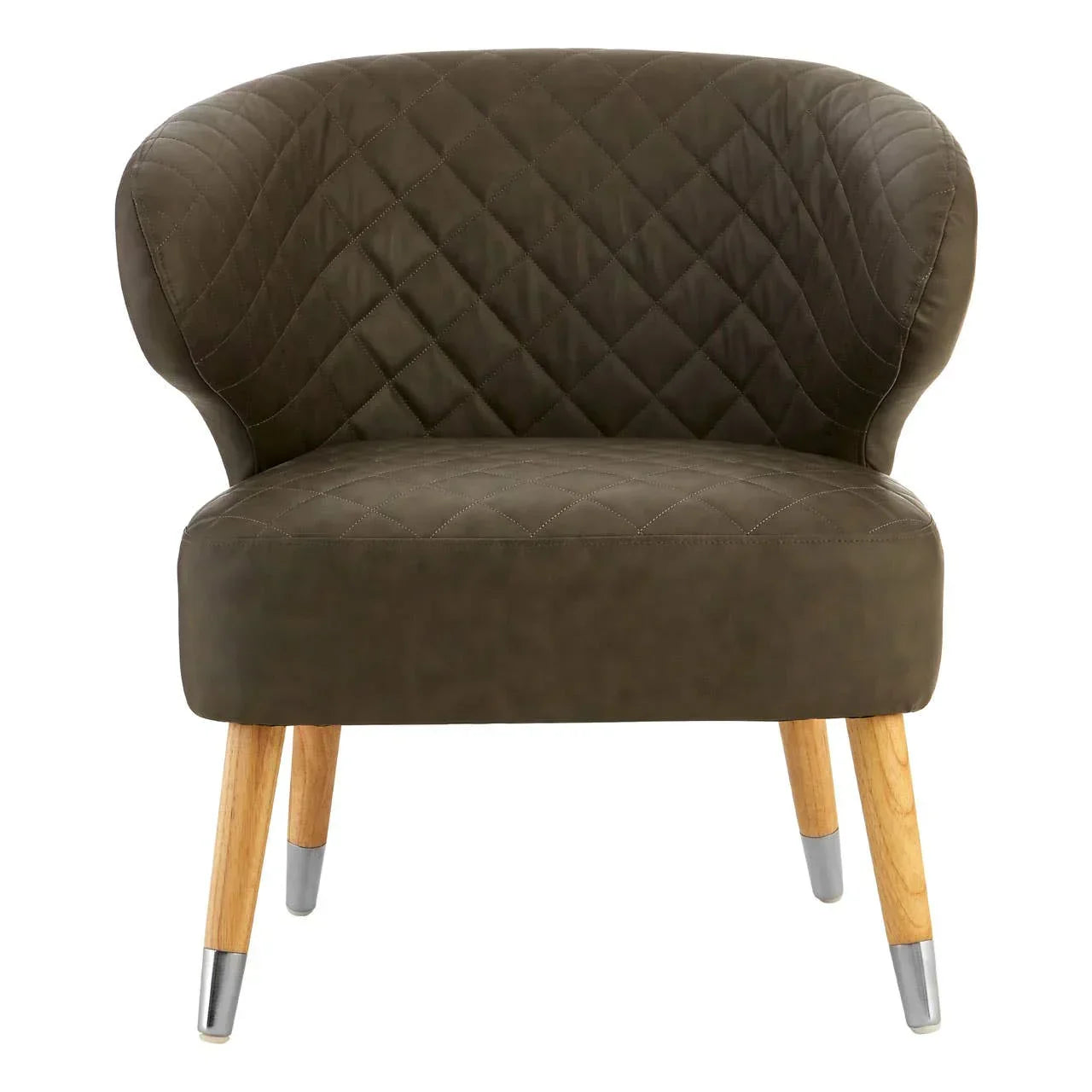 Quilted brown accent chair with curved backrest and wooden legs with silver metal tips