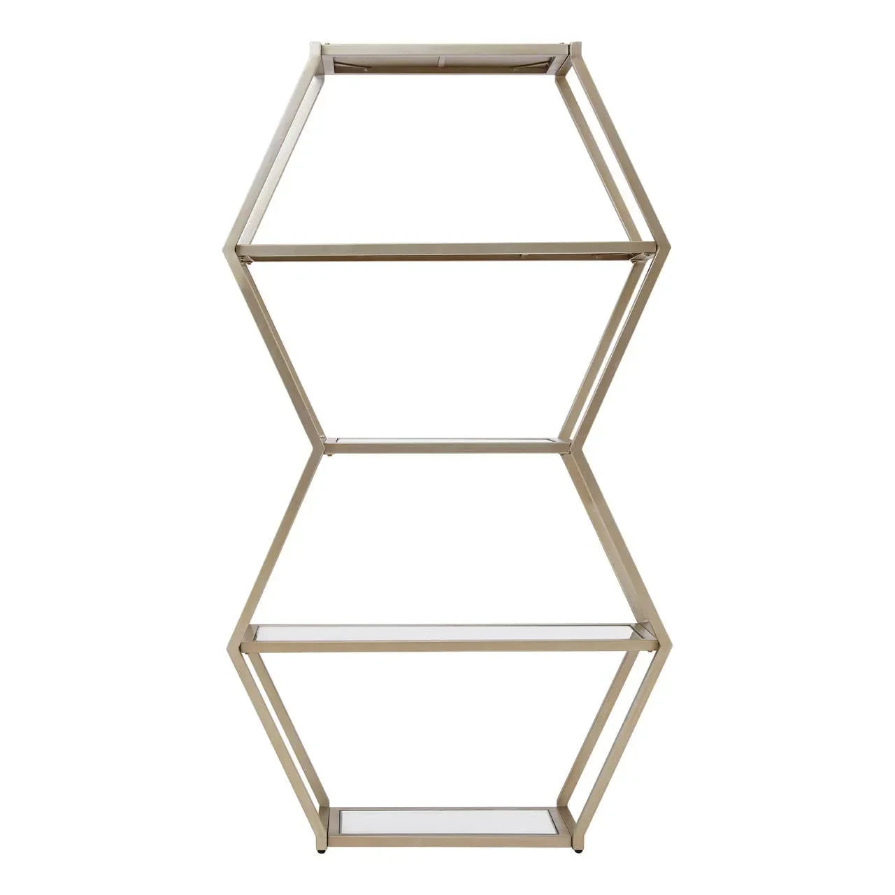 Hexagon metal shelving unit with four glass shelves and gold finish