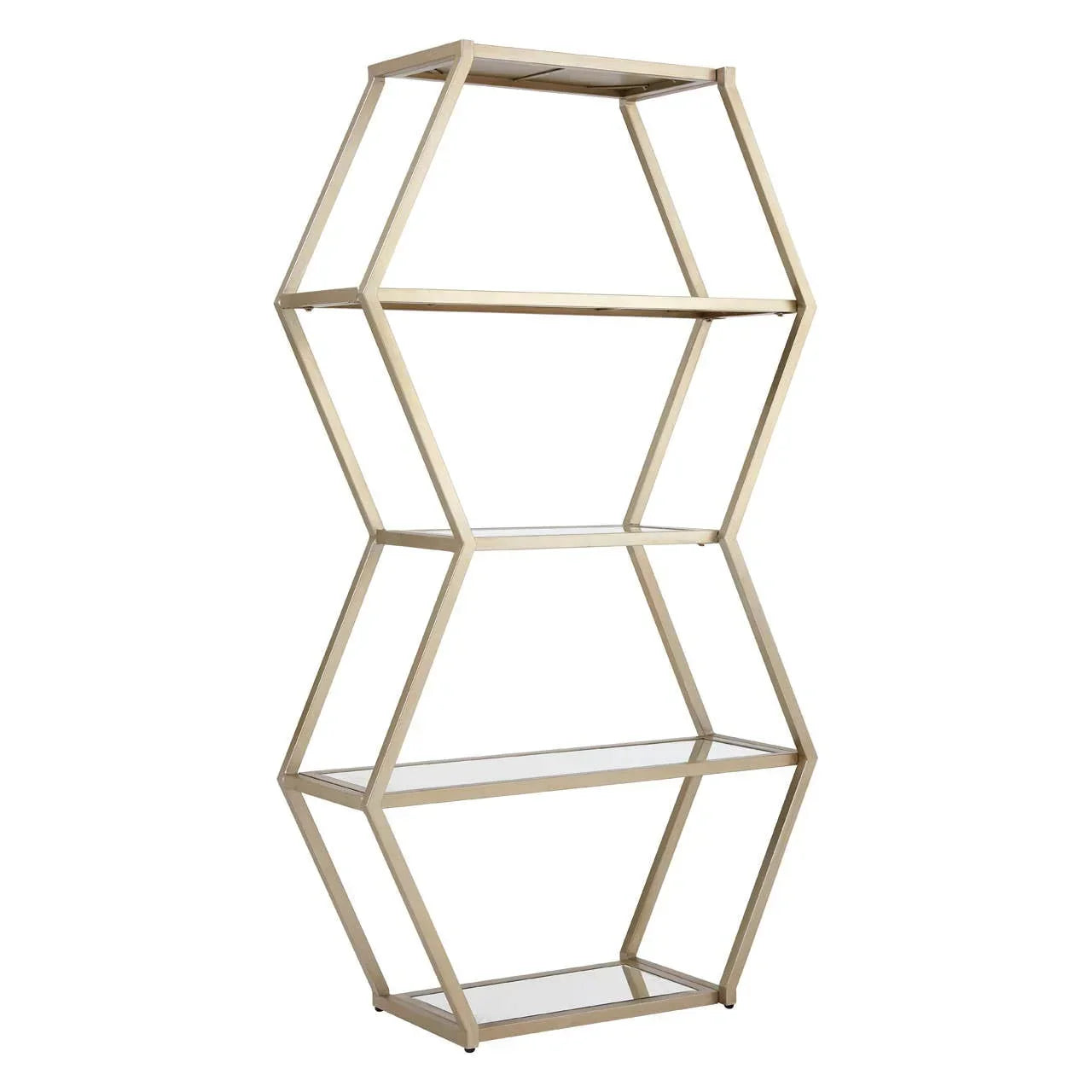 Geometric gold metal bookshelf with four glass shelves, modern open design, front view