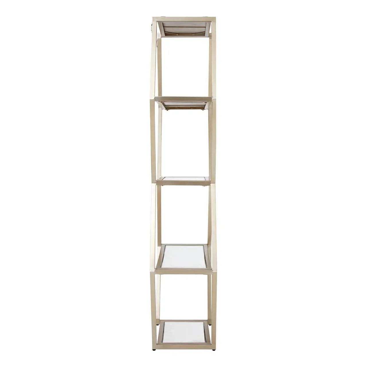 Tall metal shelving unit with four glass shelves and gold frame, front view