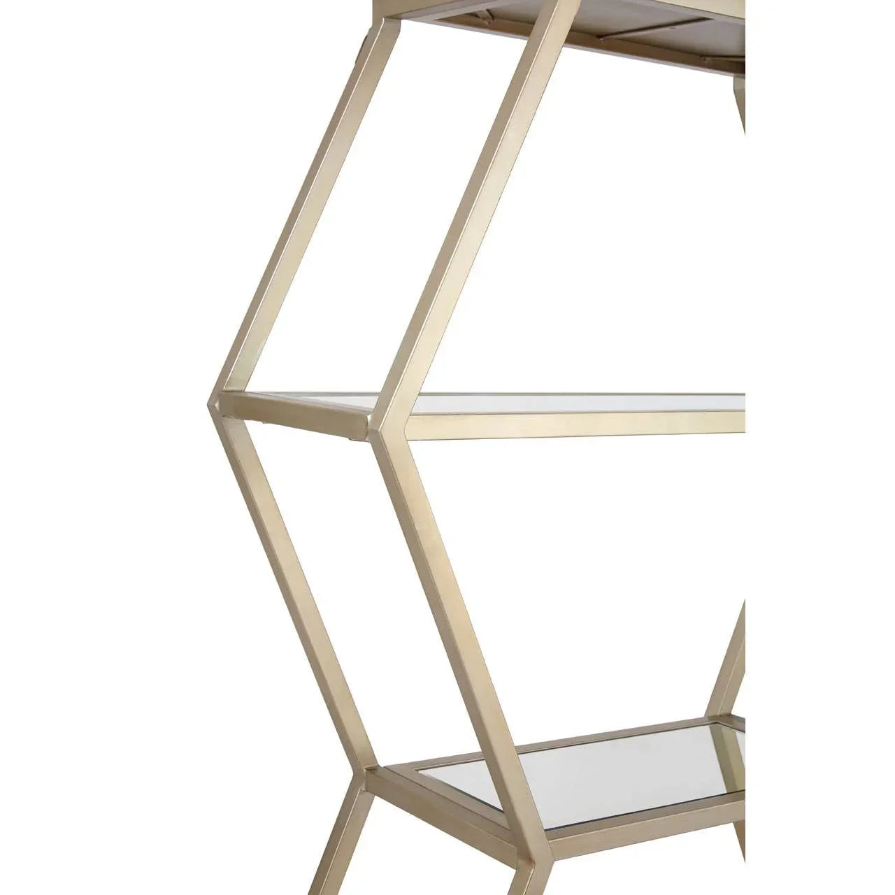 Gold metal shelving unit side view with glass shelves and geometric frame