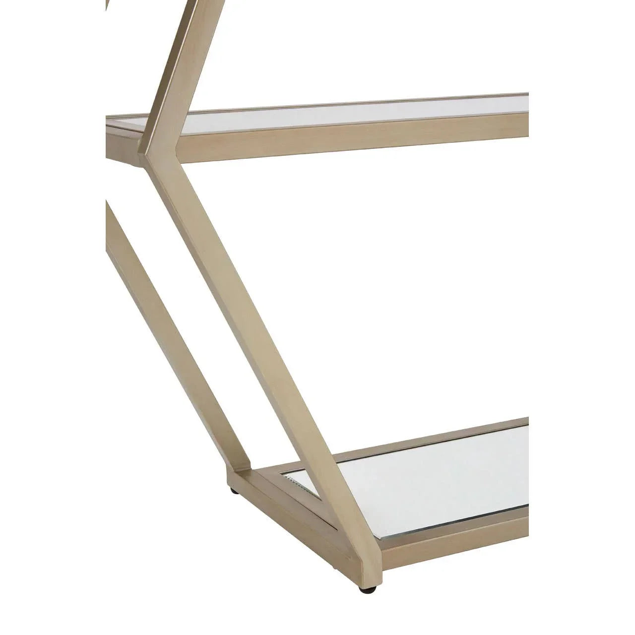 Gold metal console table leg with glass shelf close up