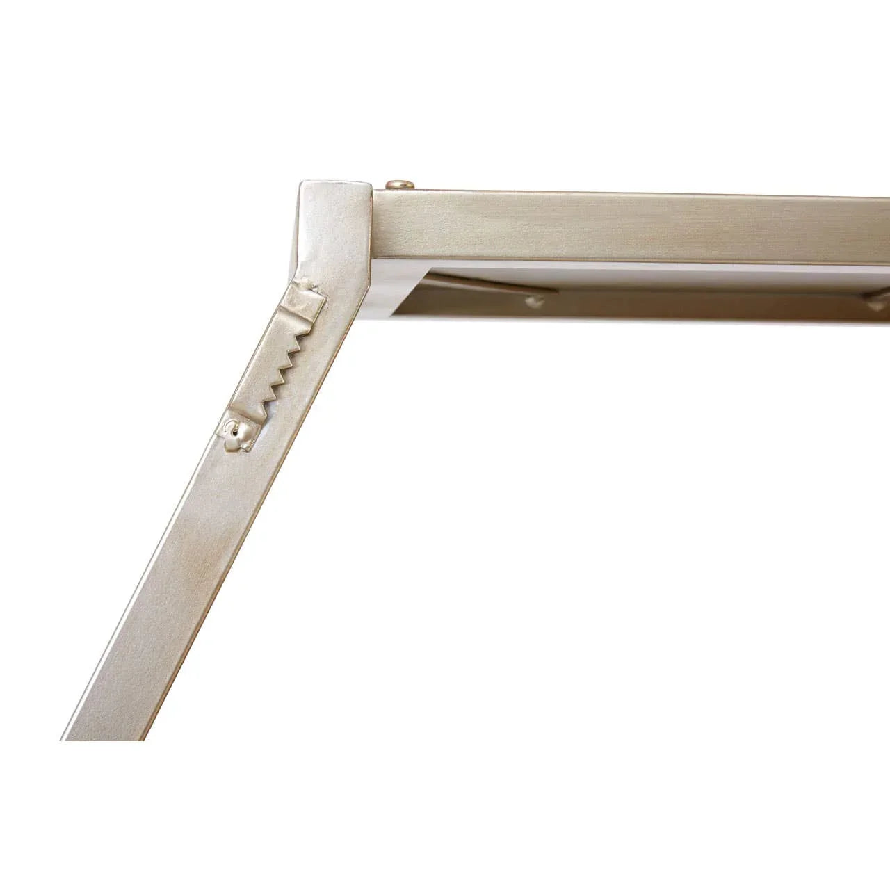 Closeup of metal furniture frame joint with screw detail and brushed finish