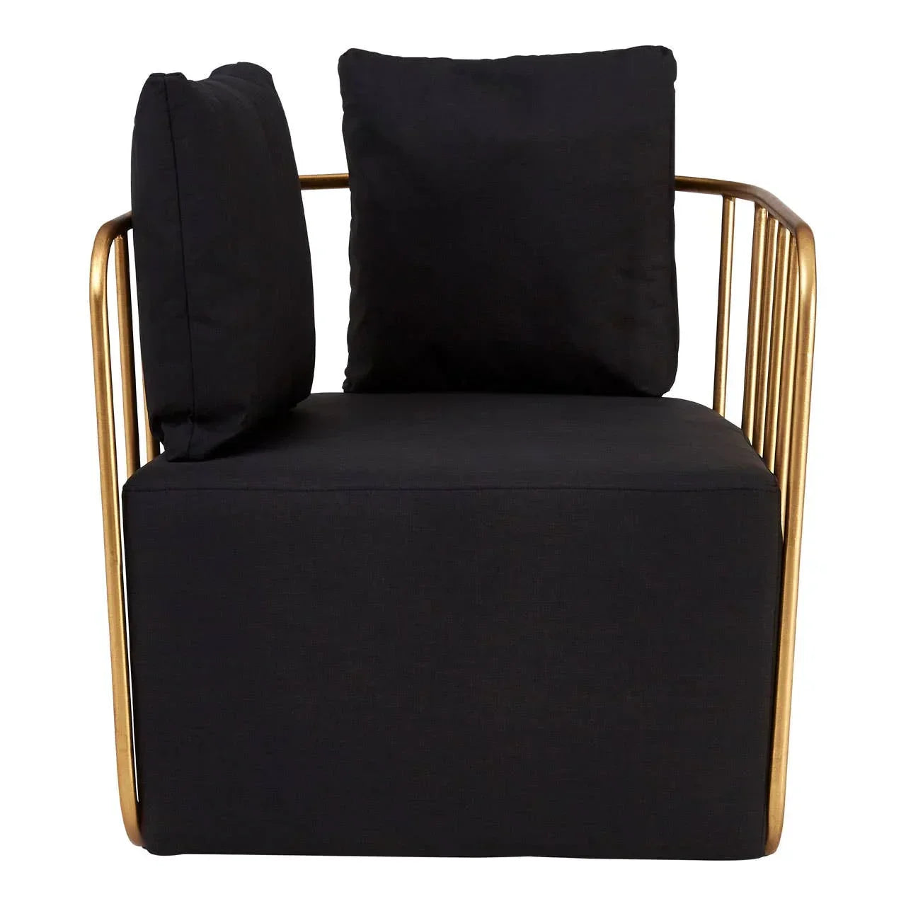 Black armchair with gold metal frame and two black cushions, side angle view