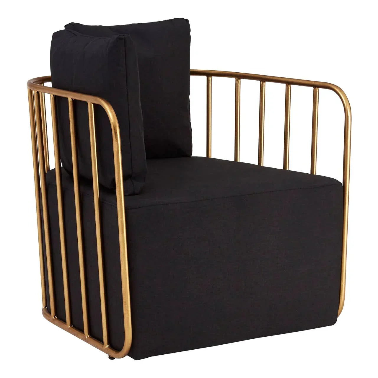Black upholstered armchair with gold metal frame and square cushion