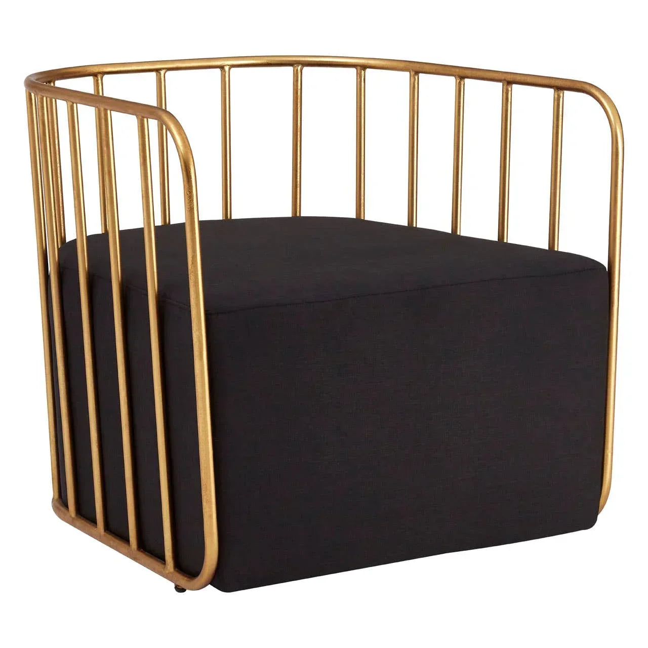 Black armchair with gold metal frame and vertical slats, modern accent chair angle view