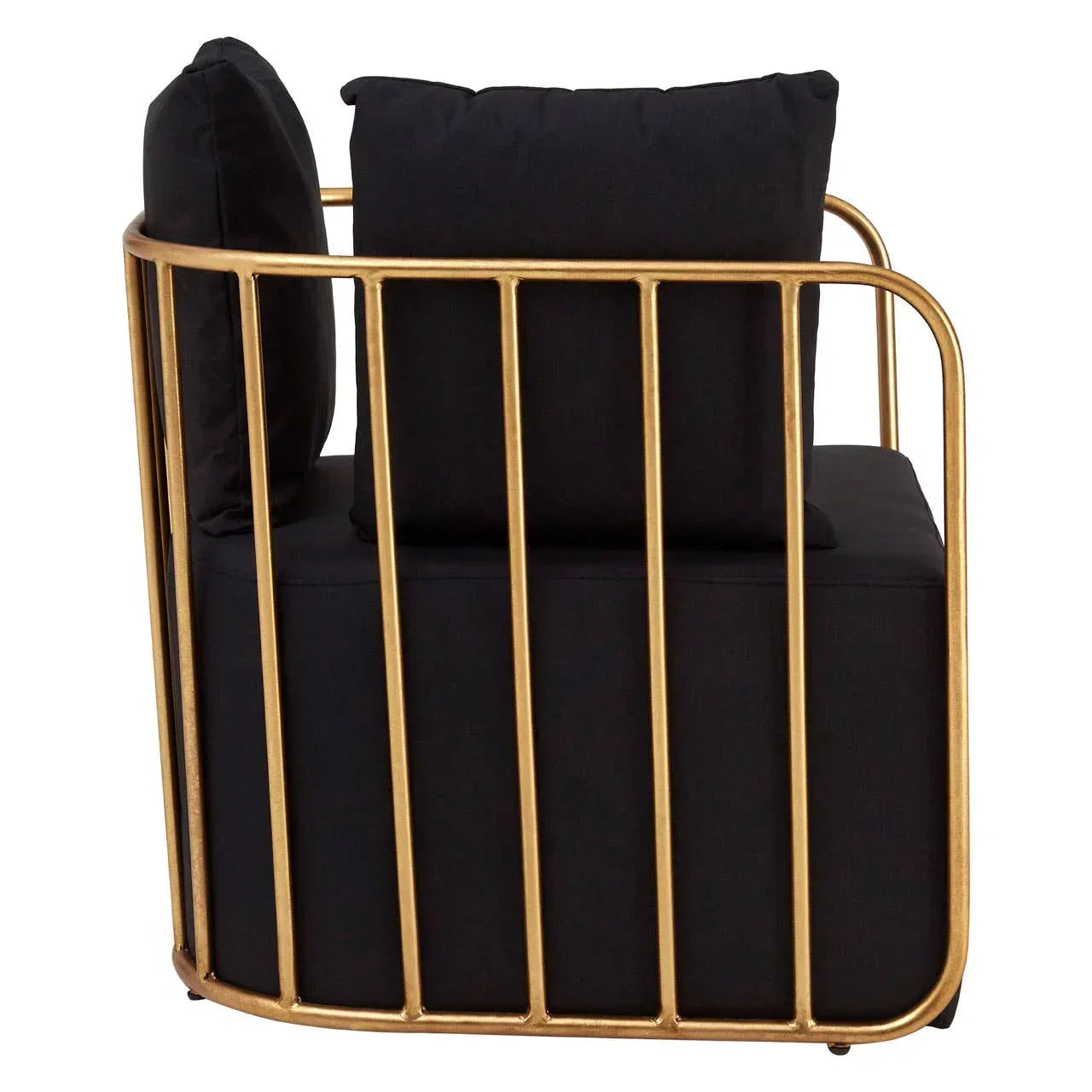Modern accent chair with gold metal frame and black cushions, side angle view