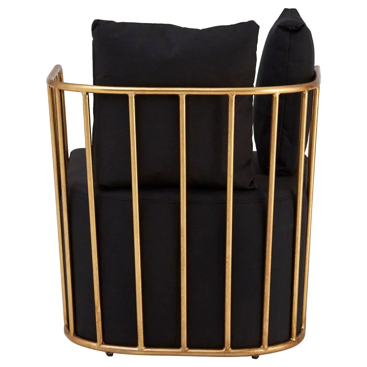 Modern accent chair with gold metal frame and black cushions, rear view