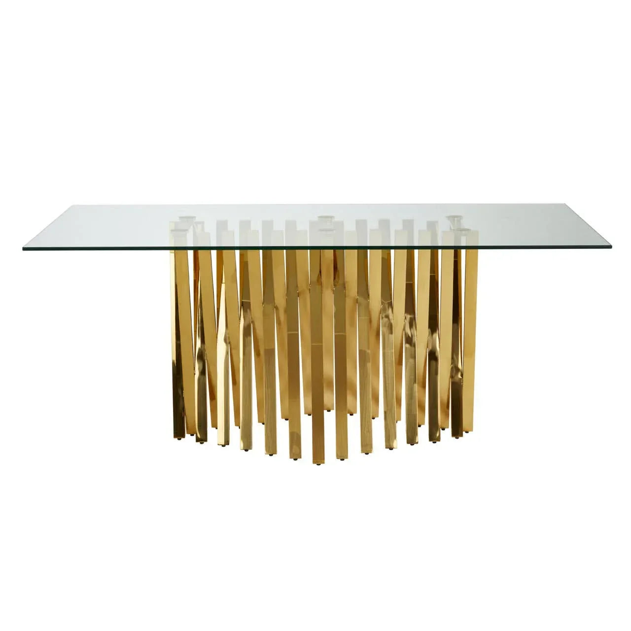 Glass dining table with rectangular top and gold metallic geometric base