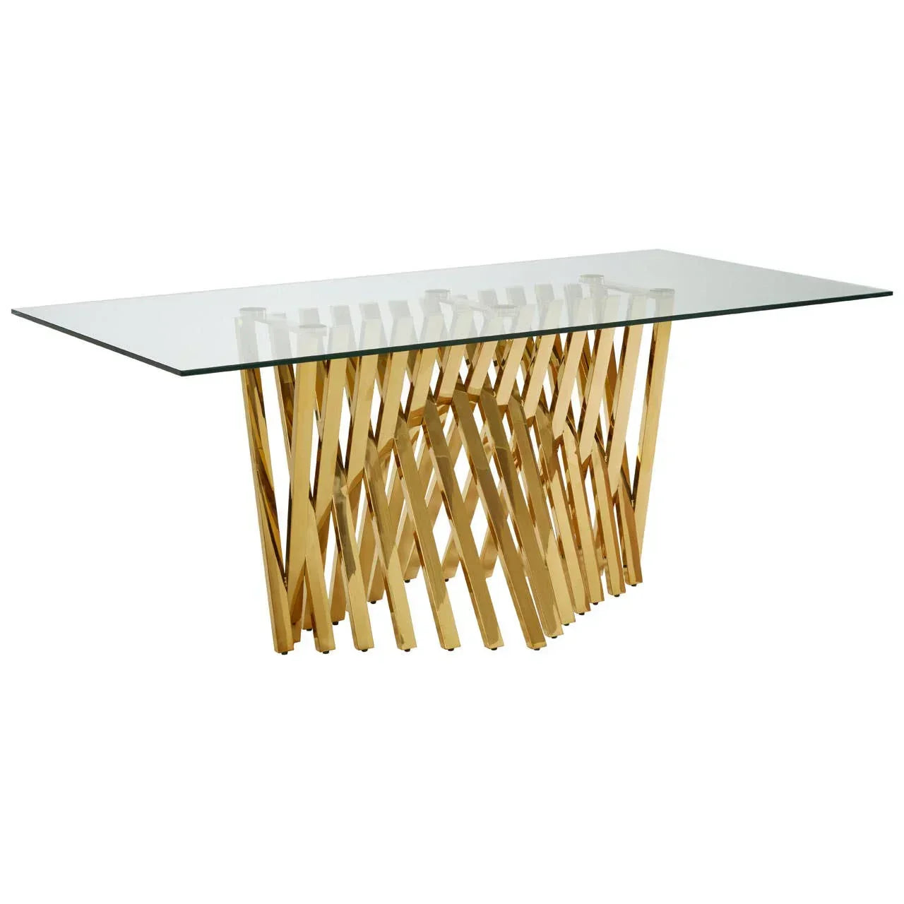 Rectangular glass dining table with gold metal geometric base