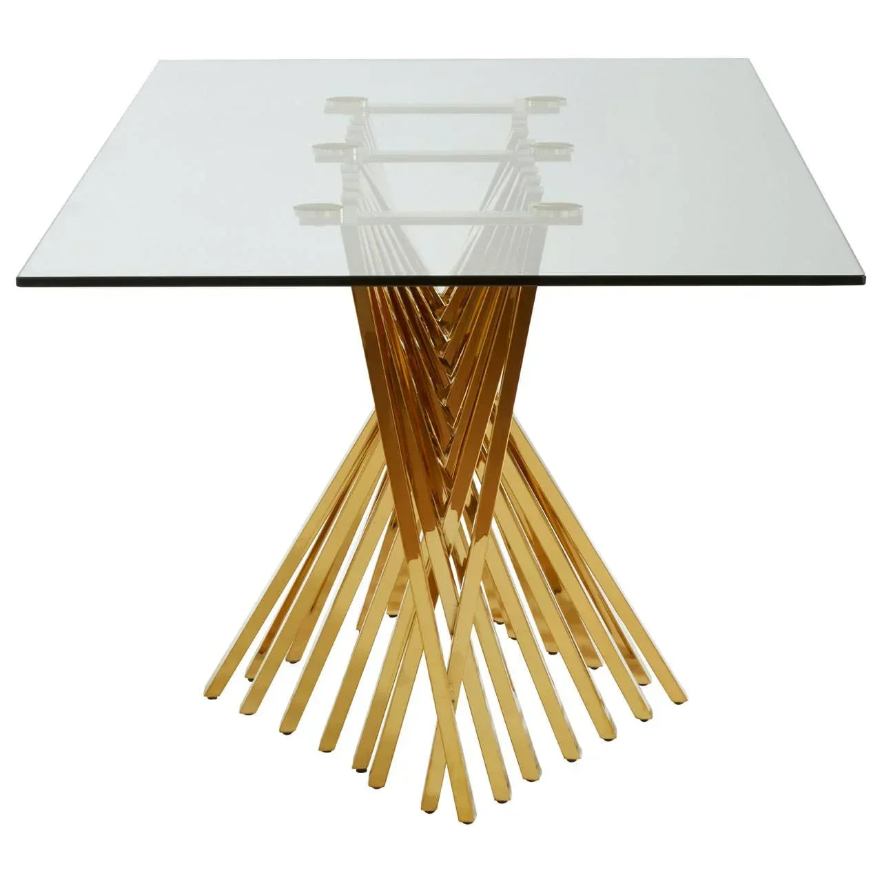 Square glass dining table with gold metal geometric base