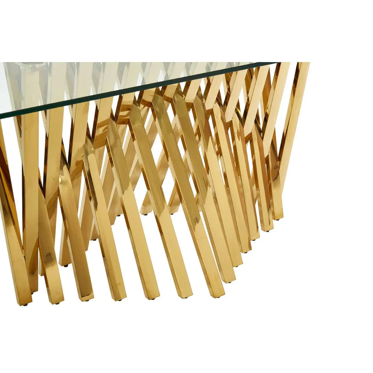 Glass top console table with gold metal geometric base