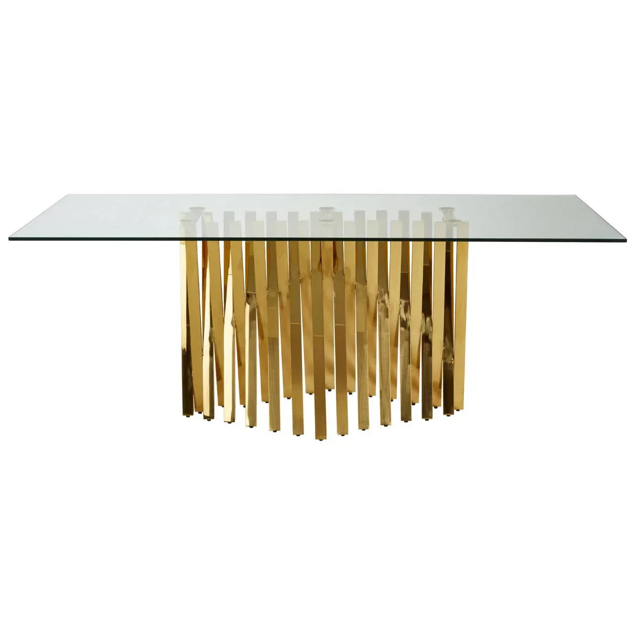 Glass dining table with rectangular top and gold metal geometric base