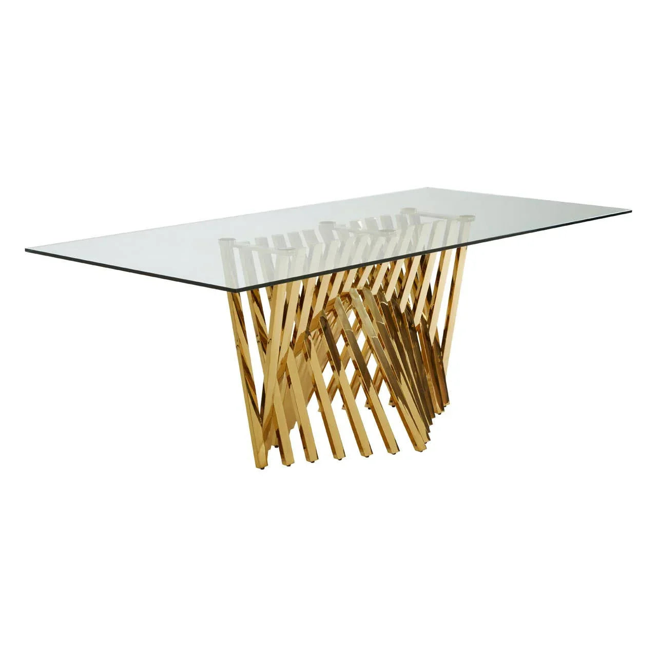 Glass dining table with rectangular top and geometric gold metal base
