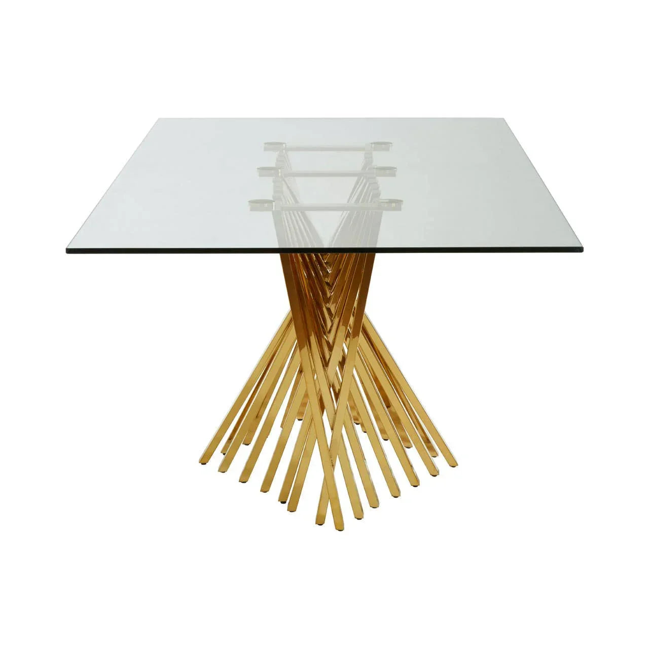 Square glass top dining table with gold metal geometric base
