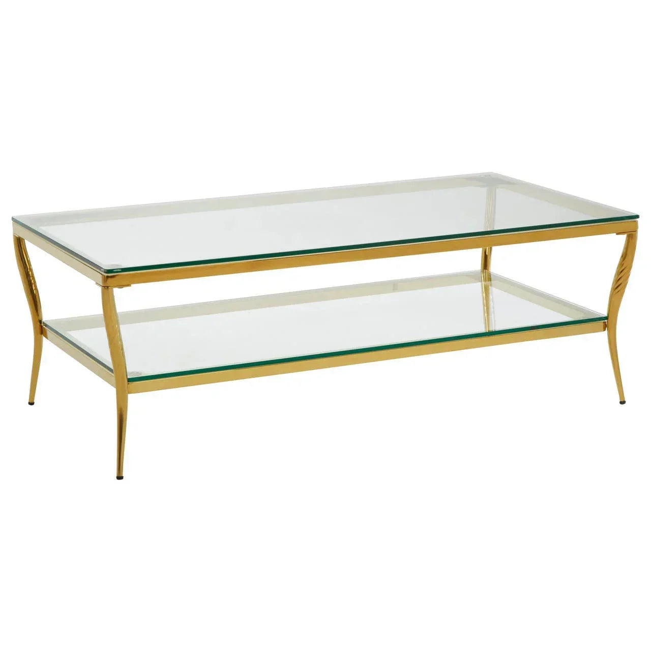 Glass coffee table with gold frame and lower shelf, angled view