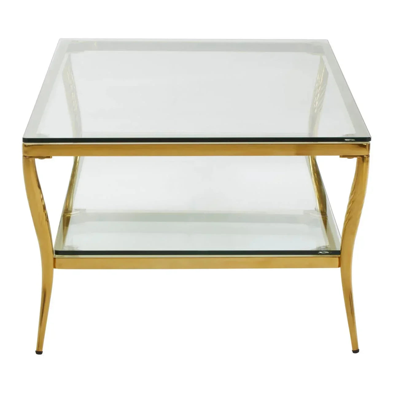 Square glass coffee table with gold metal frame and lower glass shelf, front view