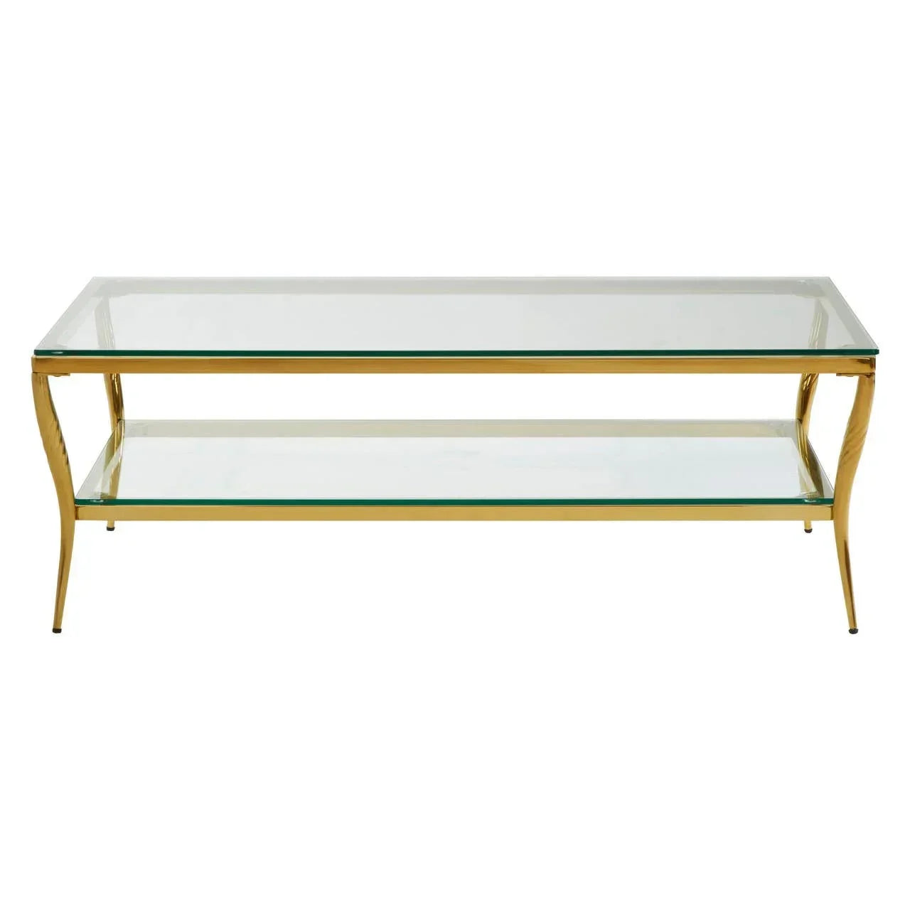 Glass coffee table with gold metal frame and lower shelf, front view