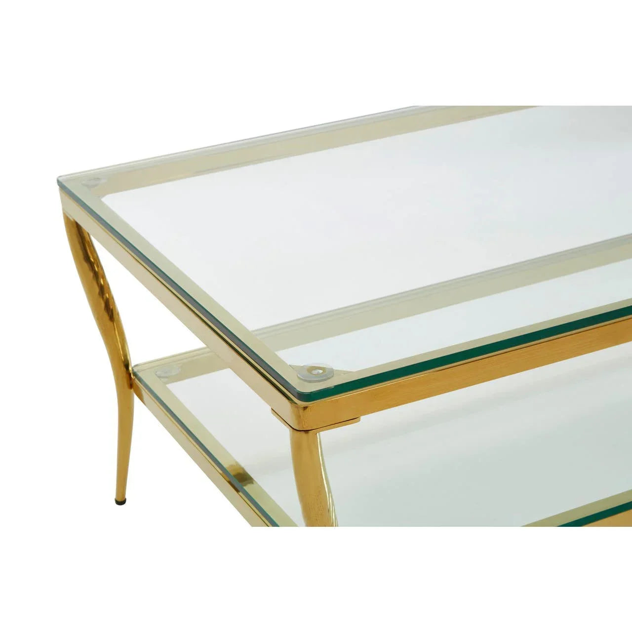 Glass coffee table with gold metal frame and lower glass shelf, corner angle view