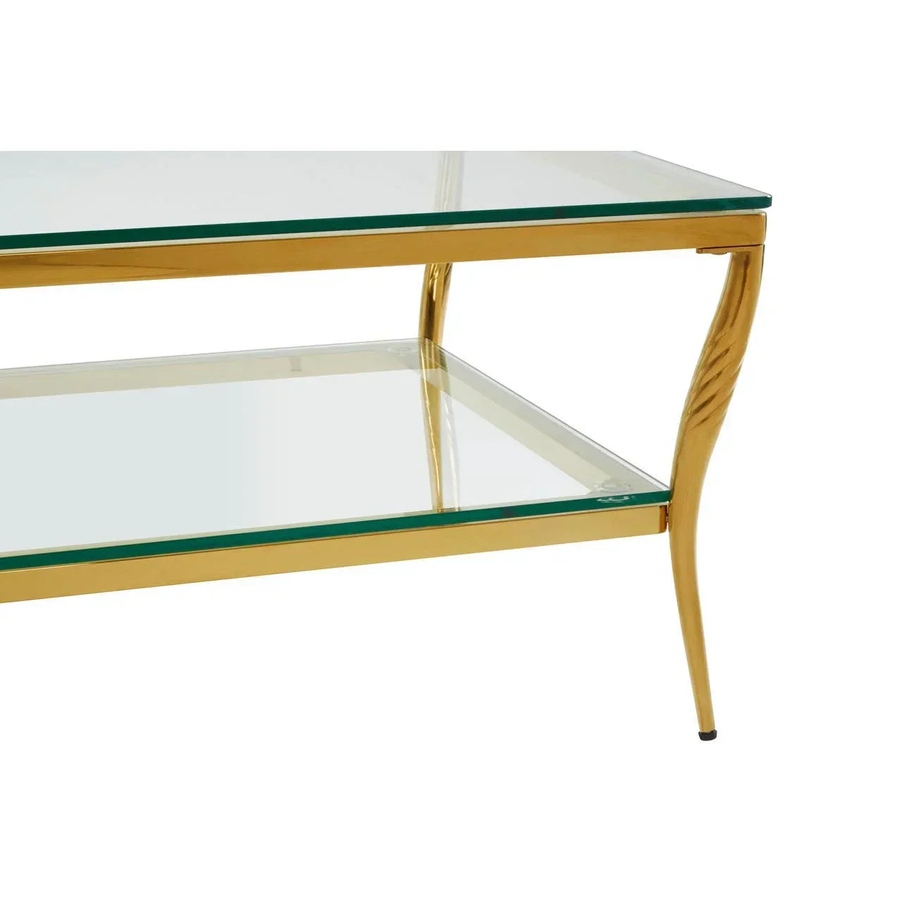 Glass coffee table with gold metal frame and curved legs, close up of shelf detail