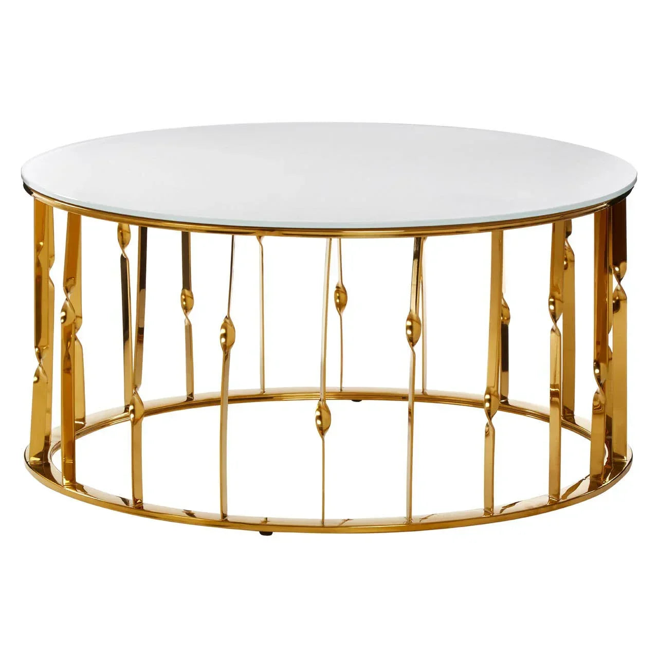 Round coffee table with glass top and gold metal base