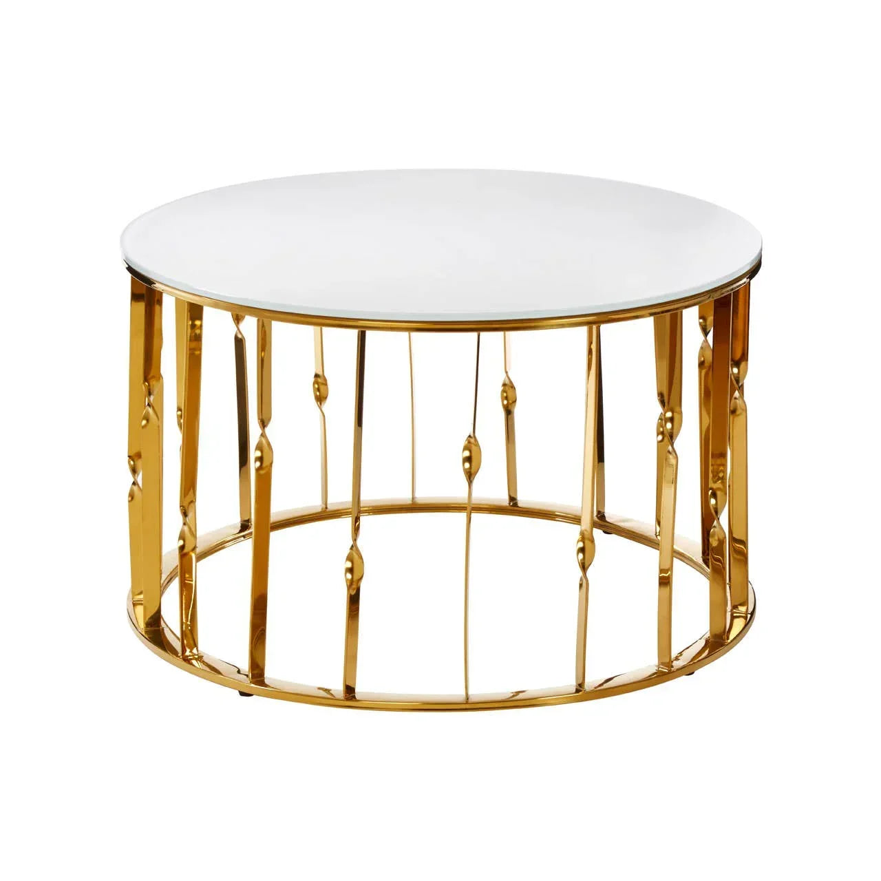 Round coffee table with white top and gold metal frame