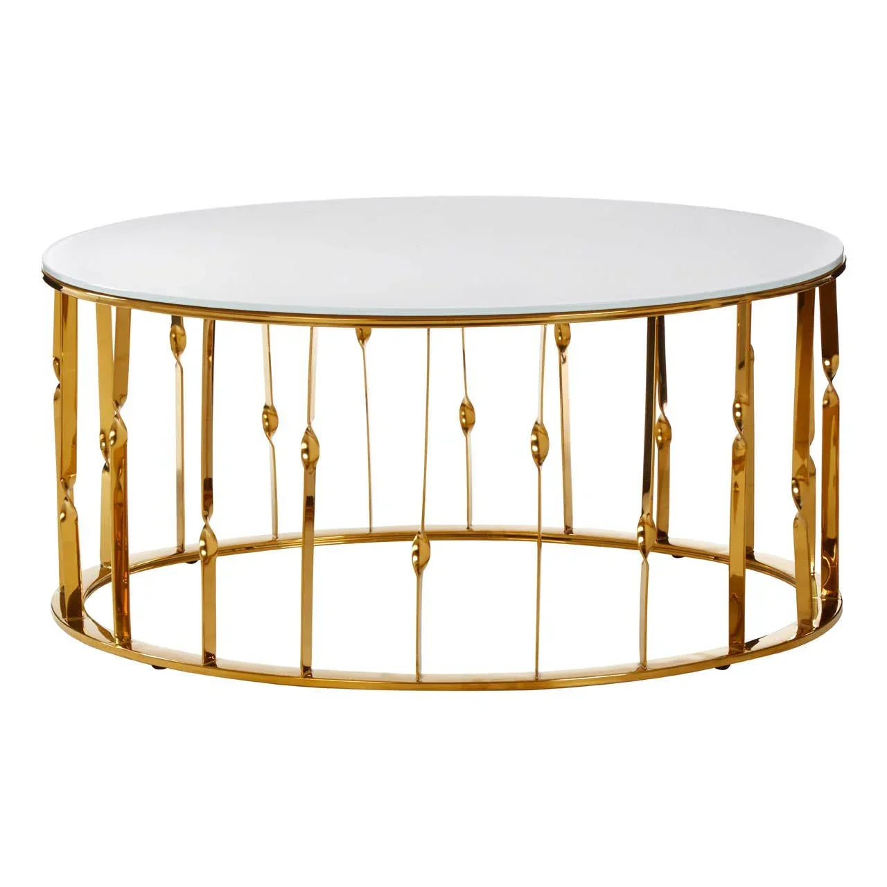 Round glass coffee table with gold metal frame and modern openwork base design