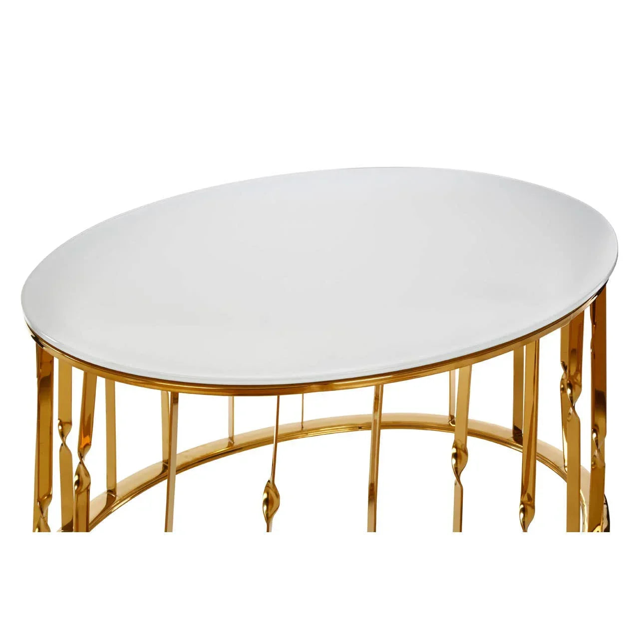 Oval coffee table with white tabletop and gold metal frame