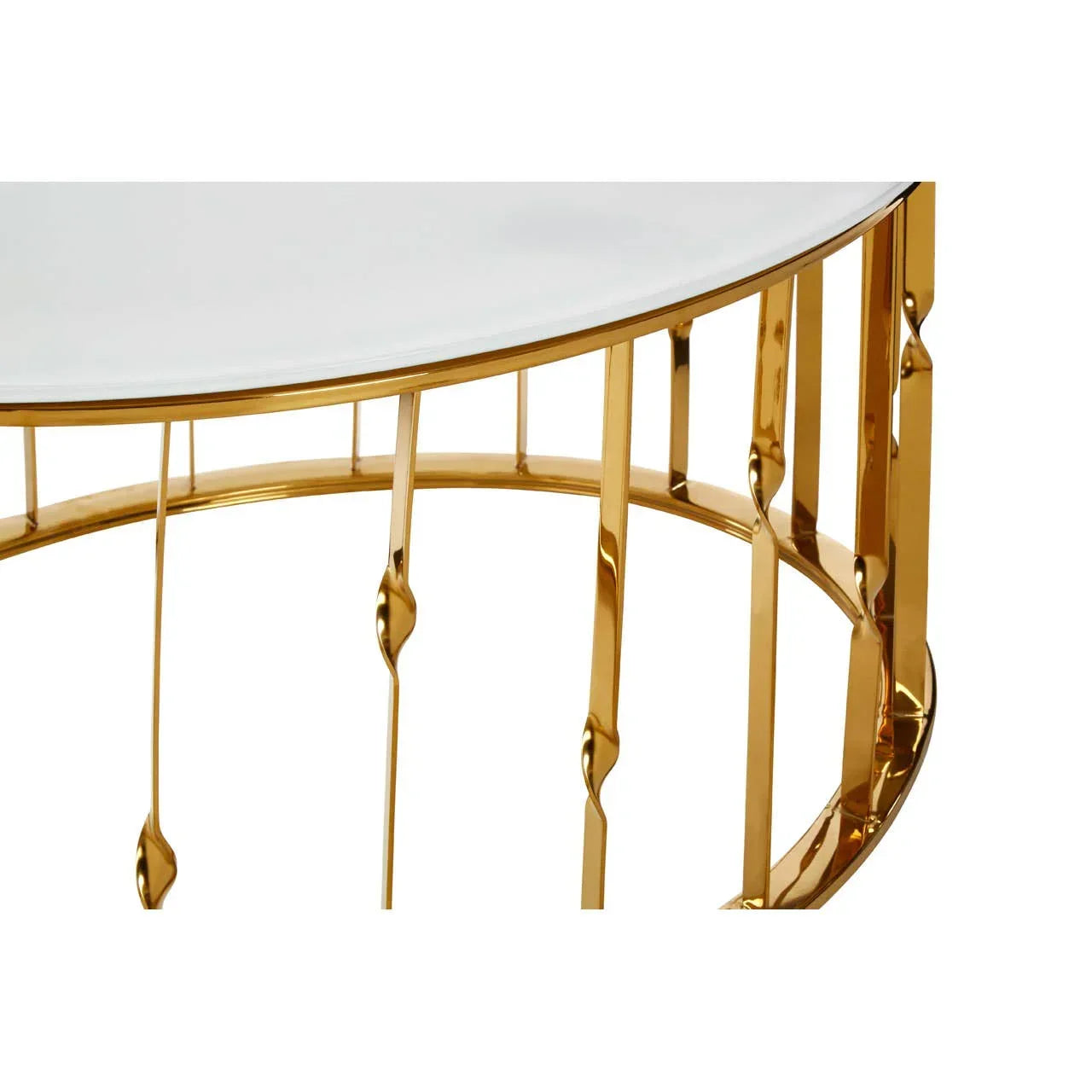 Round coffee table with white glass top and gold metal frame detail