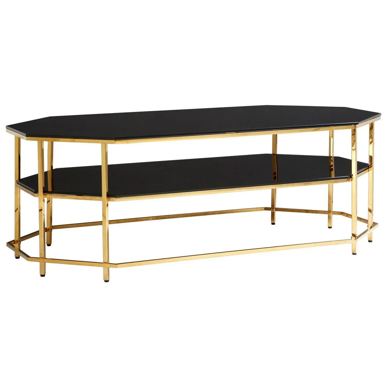 Black glass coffee table with gold metal frame and lower shelf, geometric design