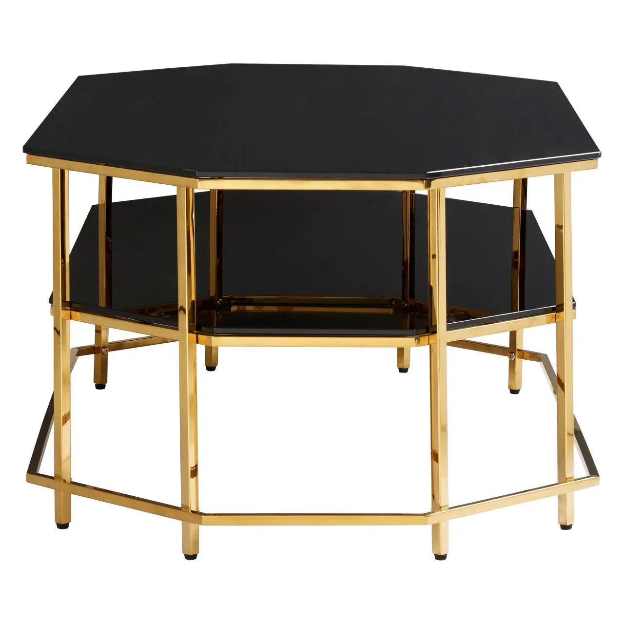 Black glass coffee table with gold metal frame and lower shelf, front view