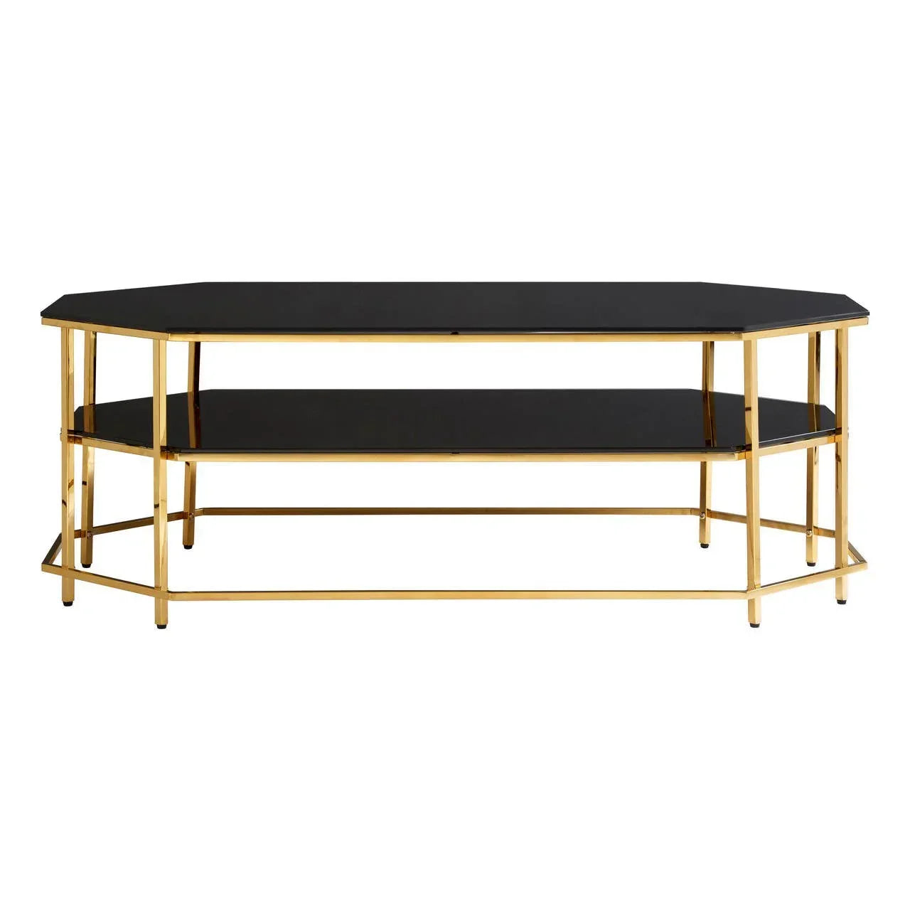 Black glass coffee table with gold metal frame and lower shelf, geometric shape, front view