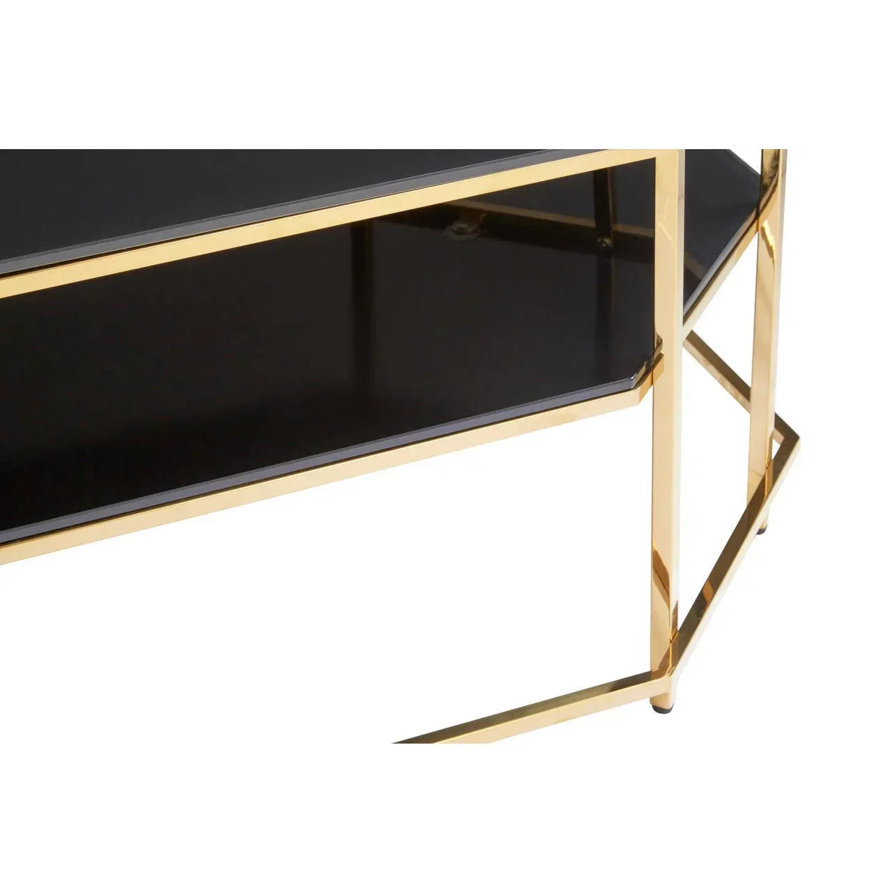 Black glass coffee table with gold metal frame and shelf, corner detail view