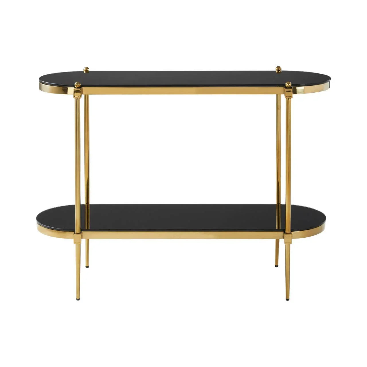 Black glass console table with gold metal frame and two shelves, front view