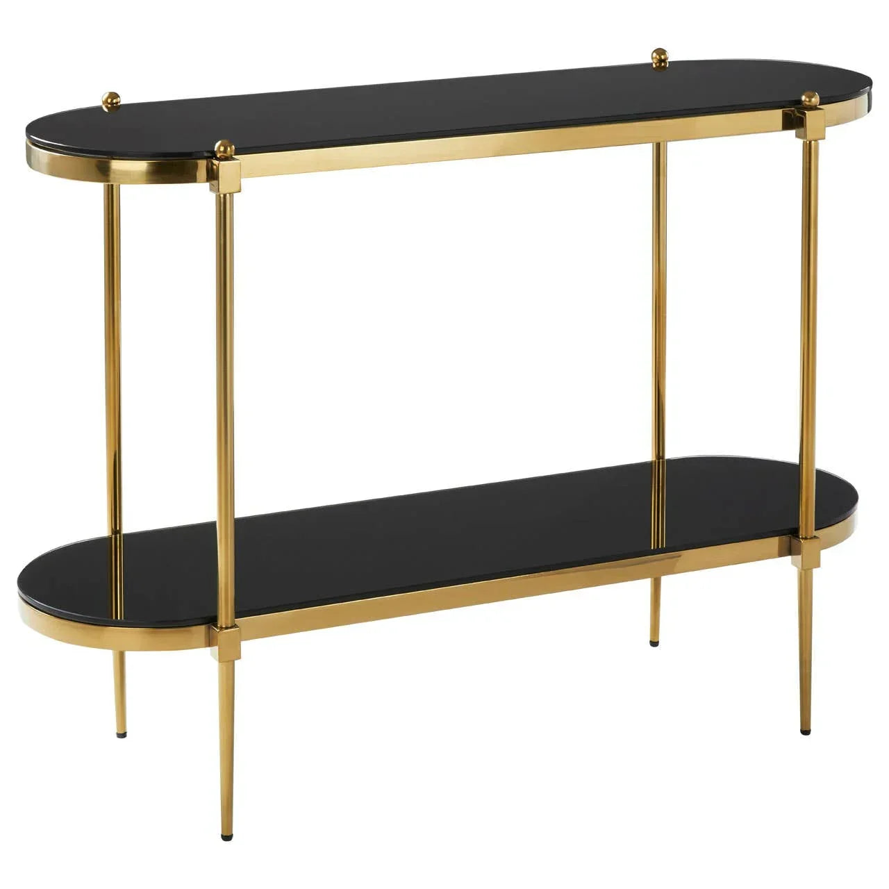 Black glass console table with gold metal frame and two tier shelves