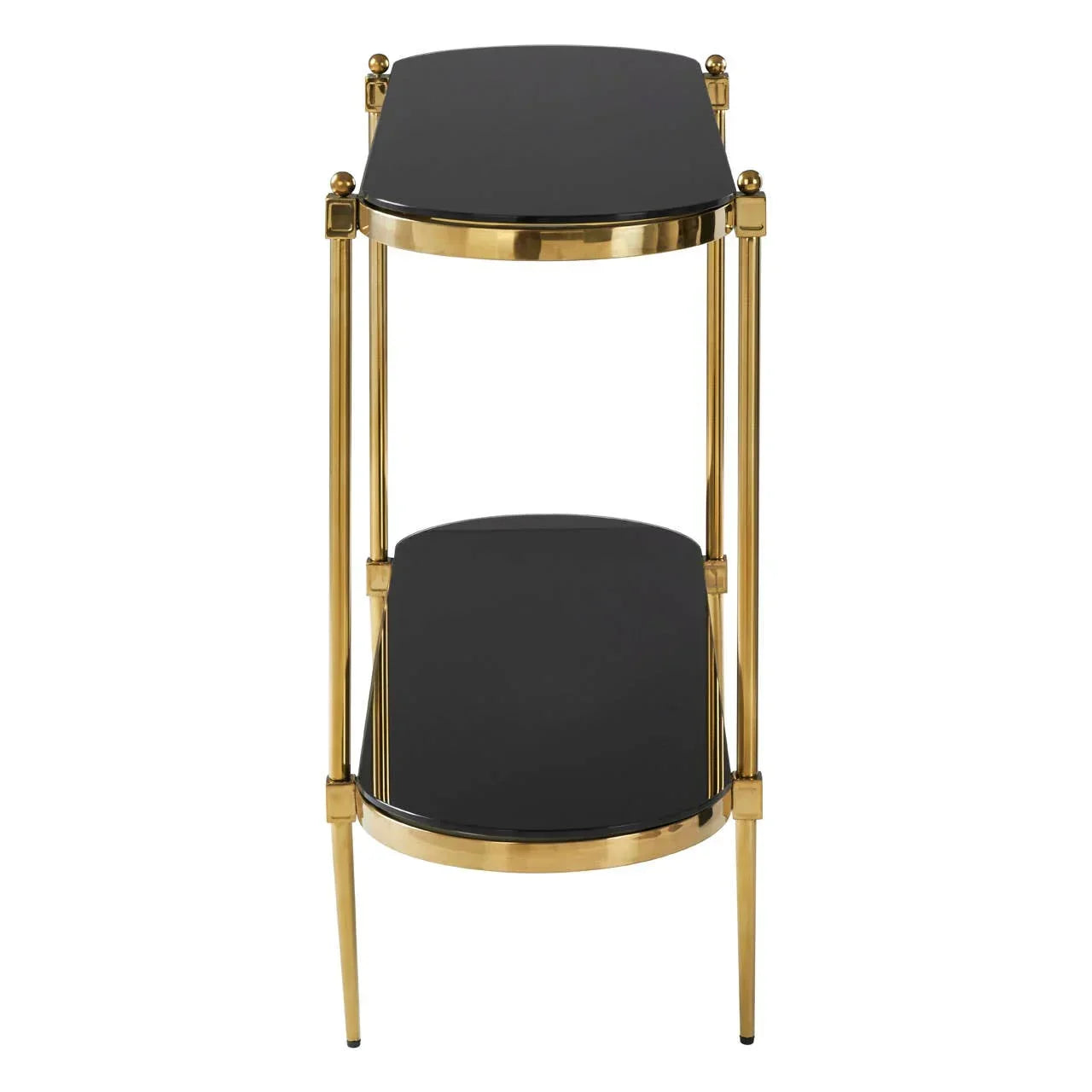 Black glass side table with two shelves and gold metal frame, front view