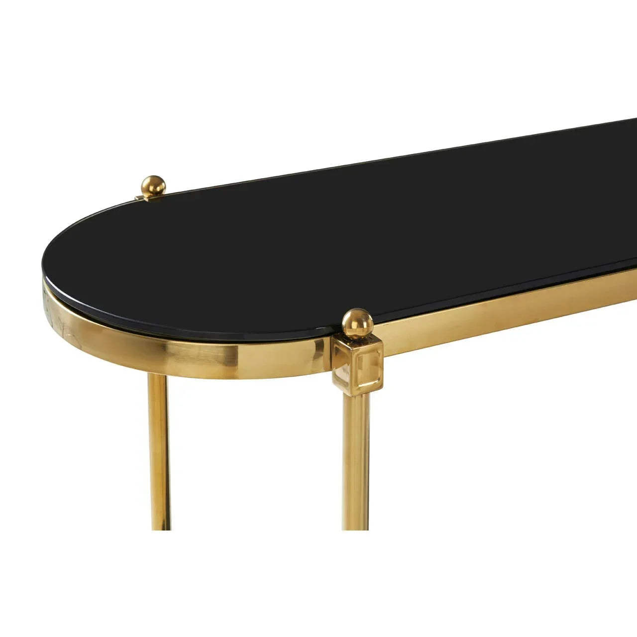 Black glass console table with gold frame, rounded edge and decorative hardware detail
