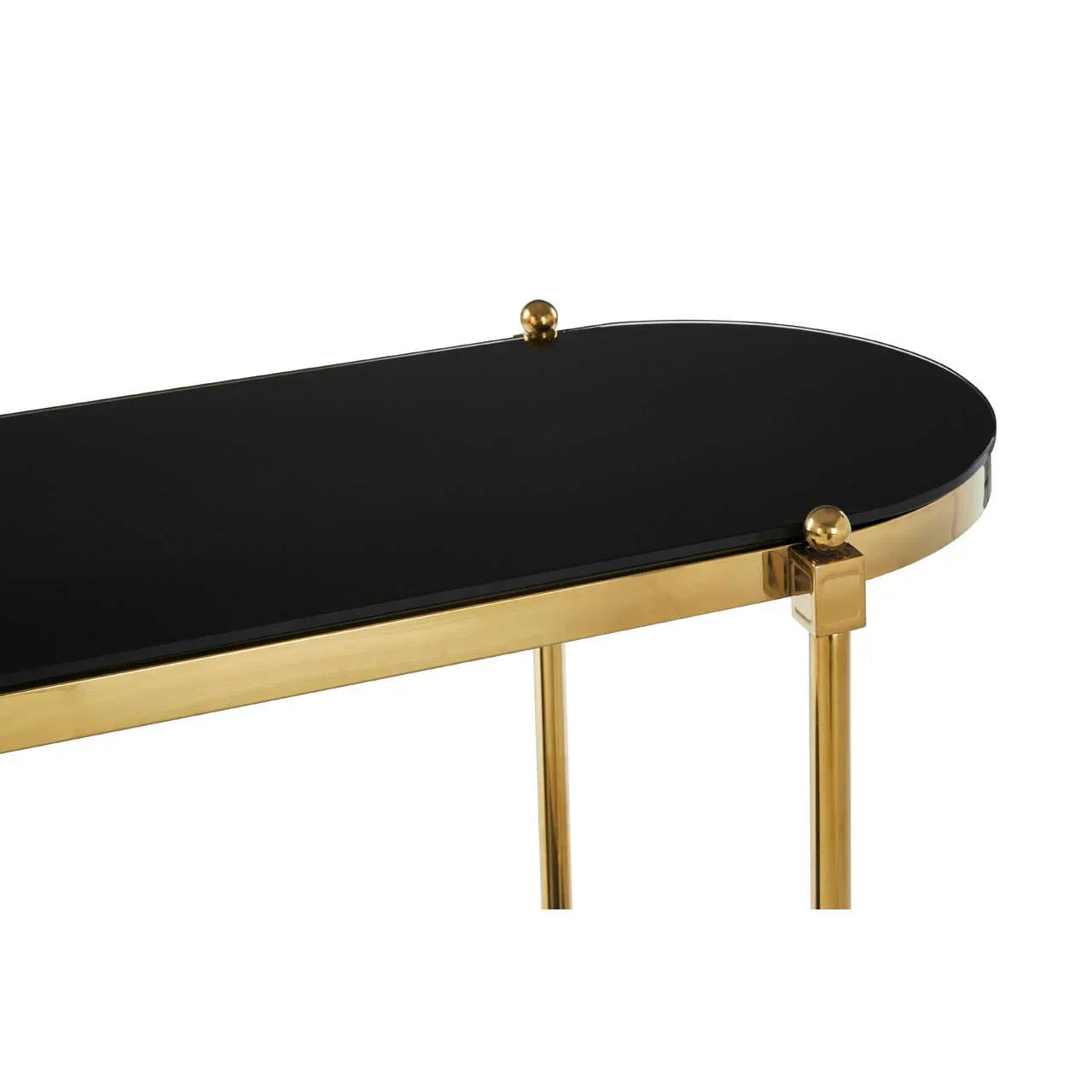 Black glass console table with gold metal legs and rounded edge detail