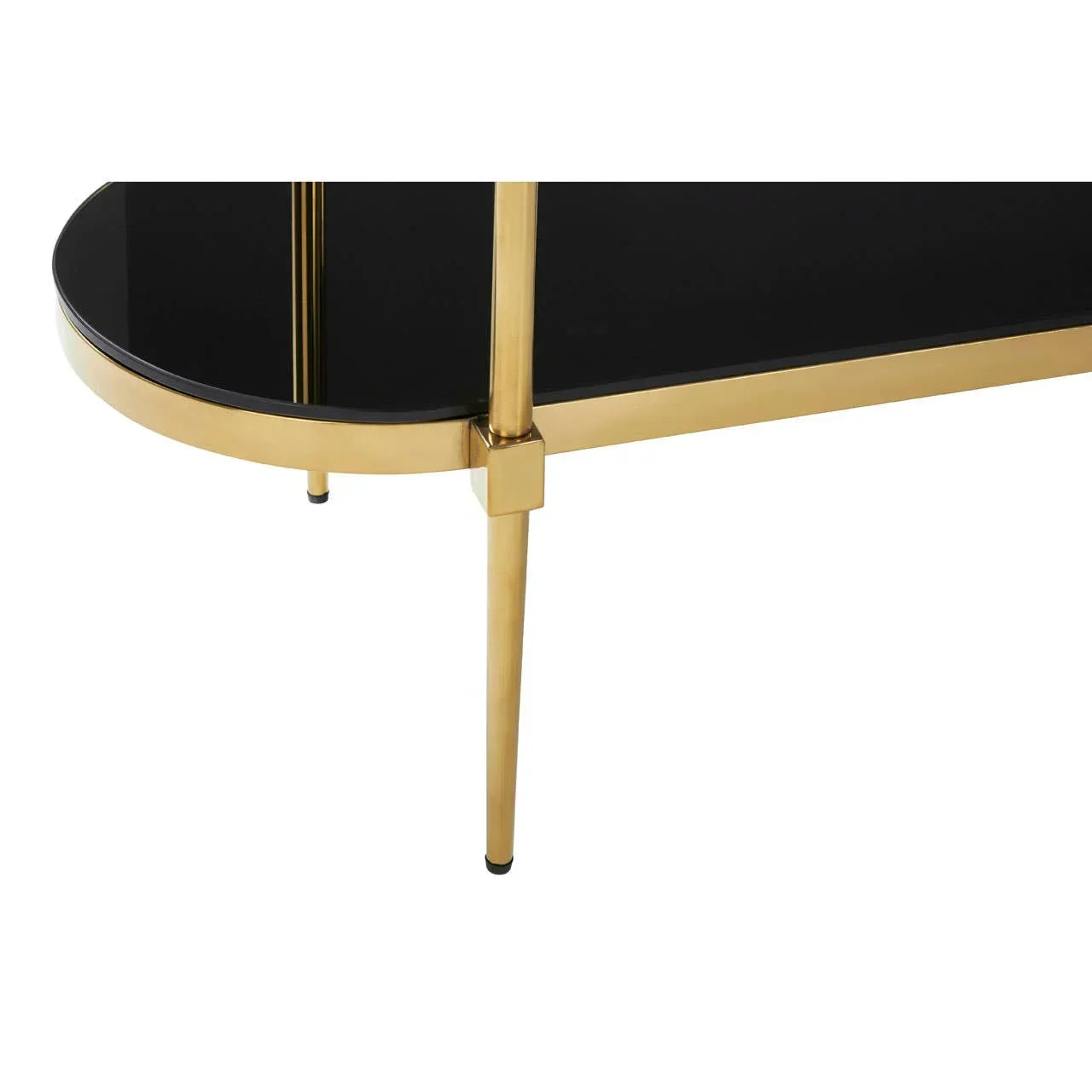 Gold metal leg and frame with black glass shelf on modern coffee table