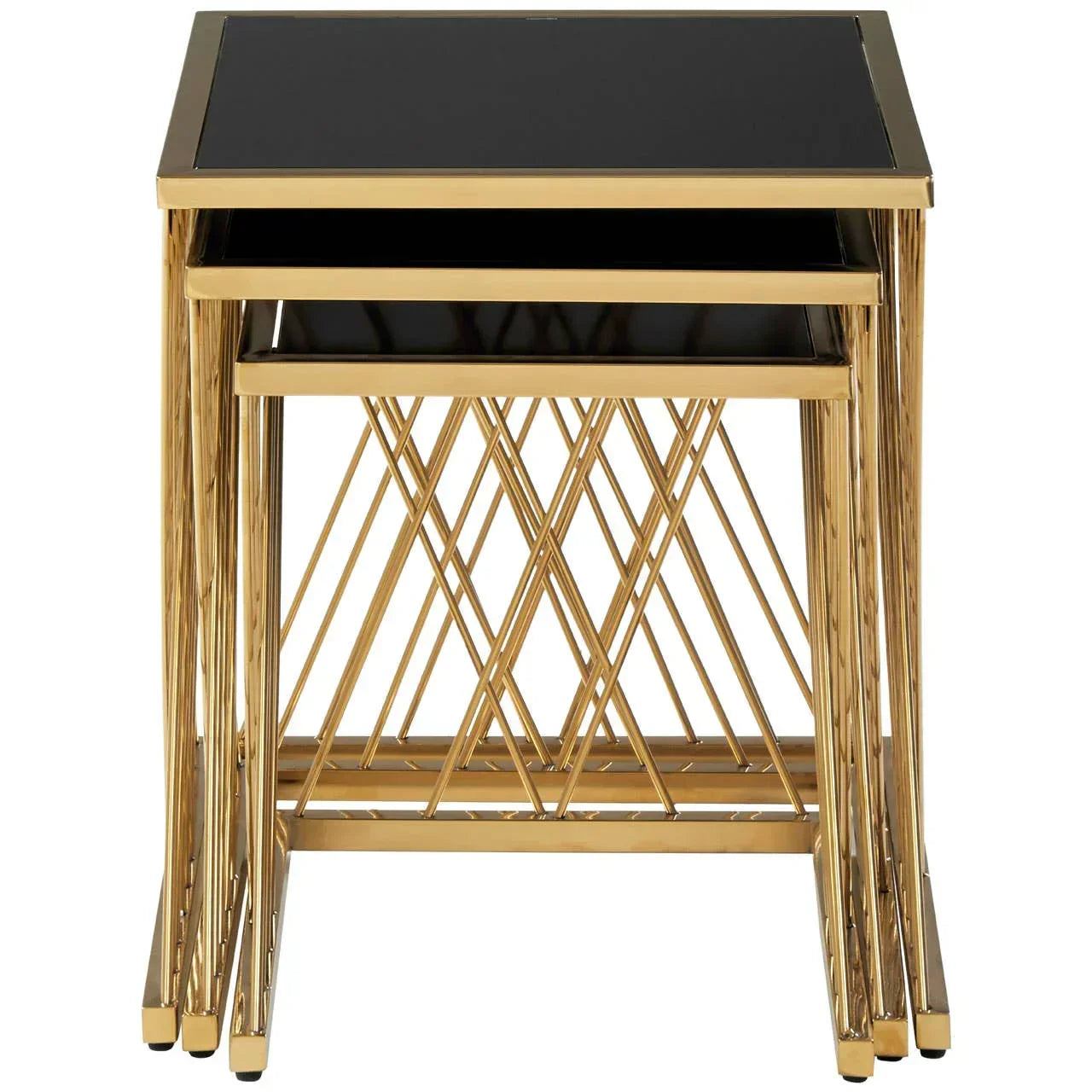Gold metal nesting tables with black glass tops and geometric bases, front view