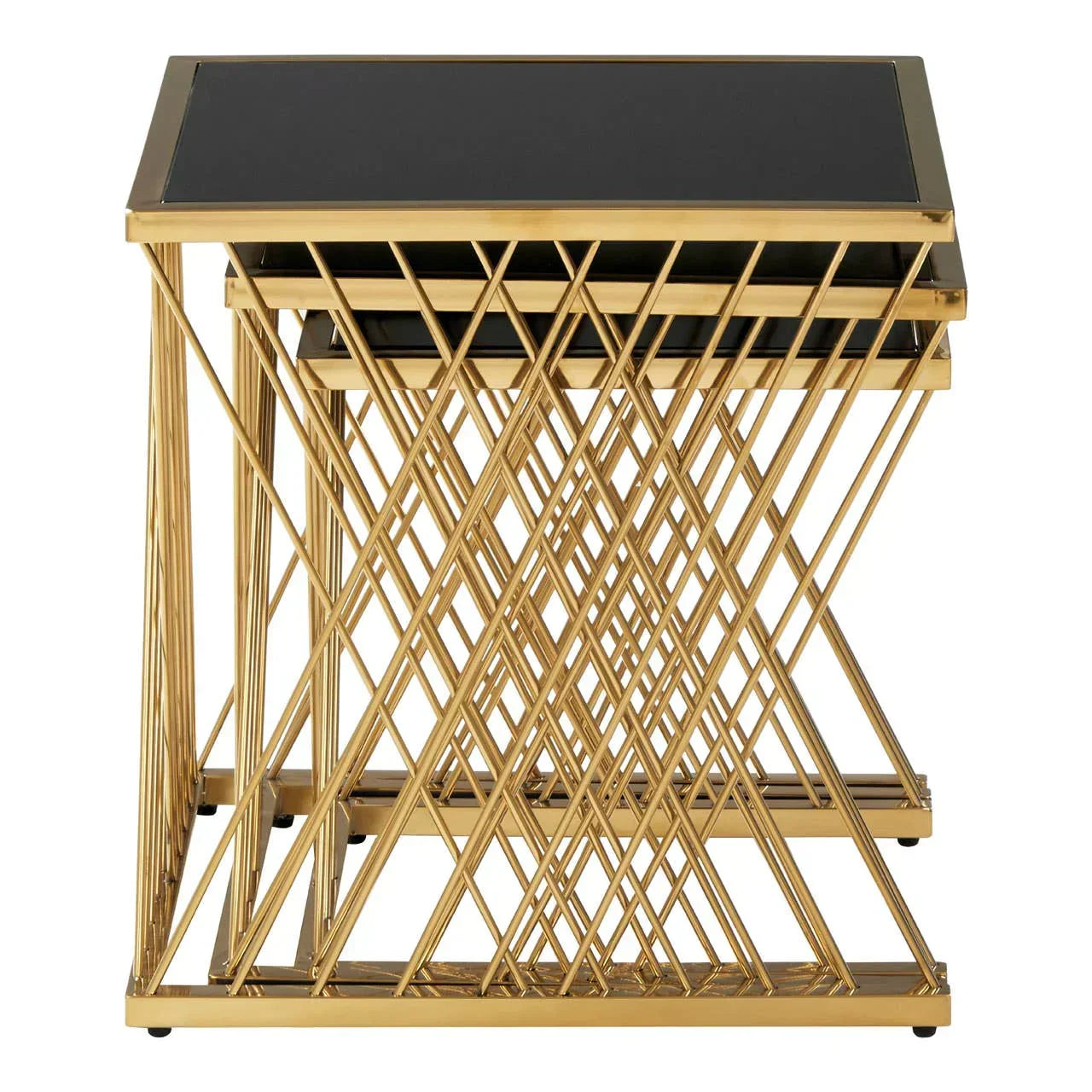 Gold metal nesting tables with black glass tops and geometric frame design