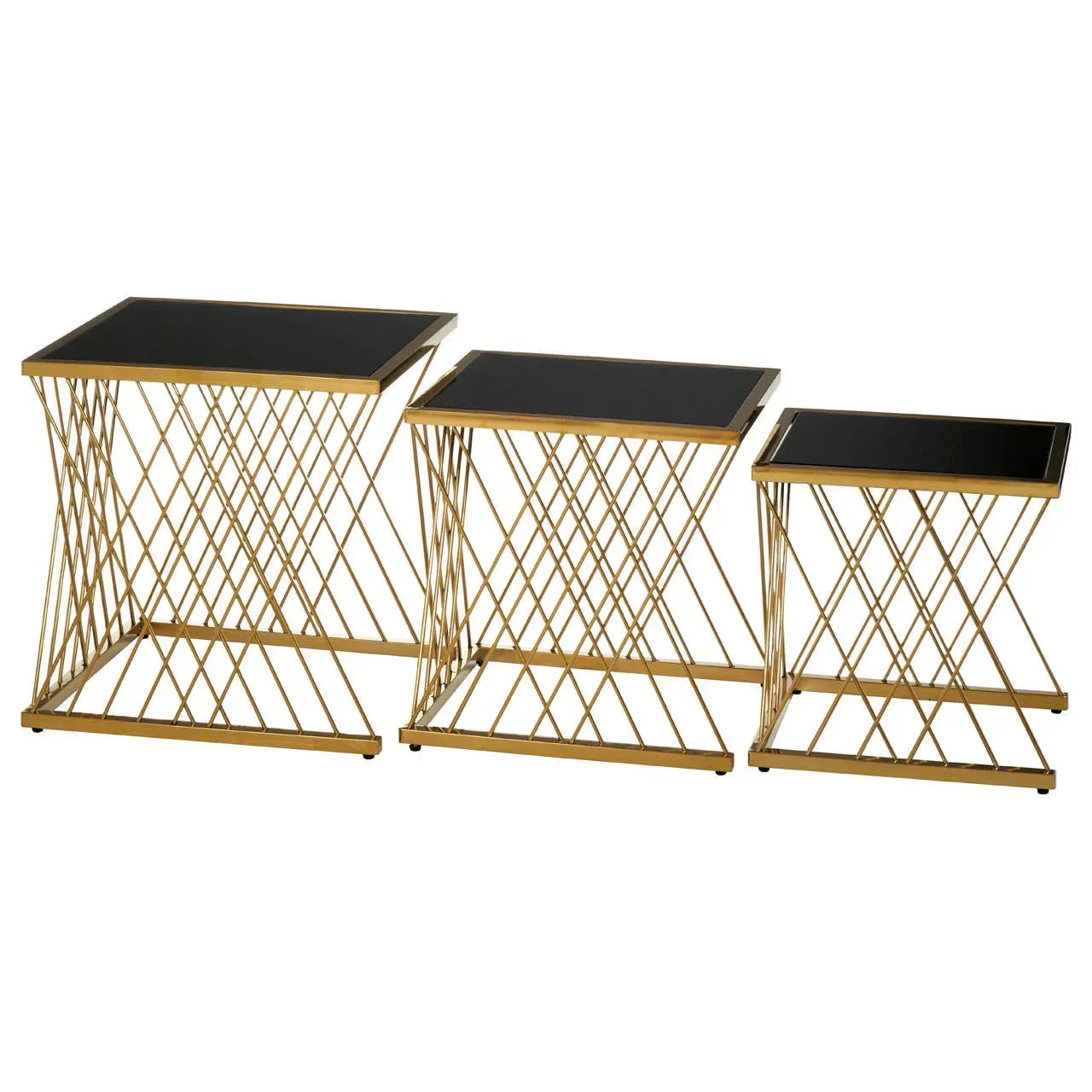 Set of three gold metal nesting tables with black glass tops, side by side