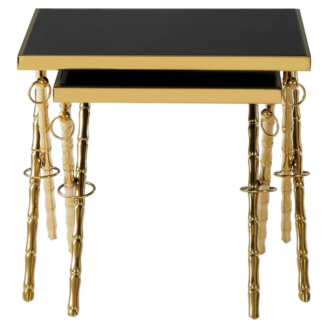 Gold metal nesting tables with black tops and bamboo-style legs, front view