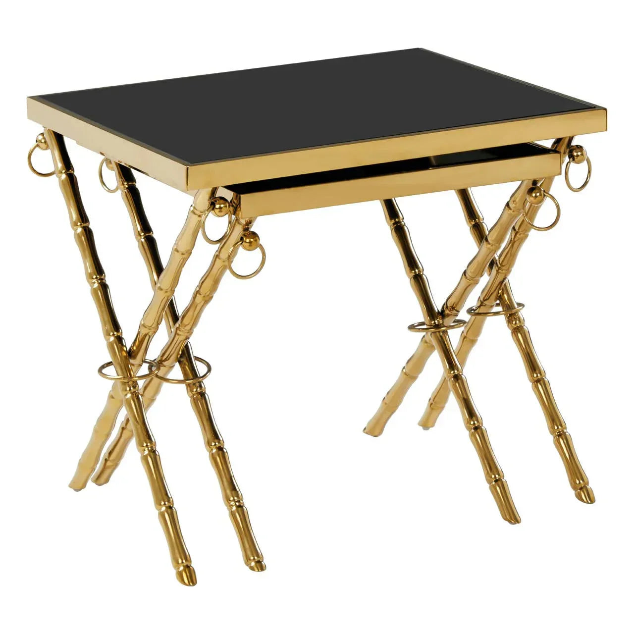 Gold side table with a black glass top and bamboo-style metal legs