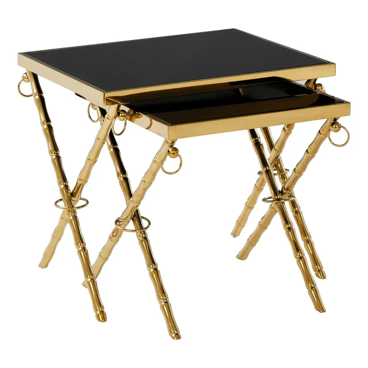 Black and gold side table set with bamboo-style legs and metallic frame on white background