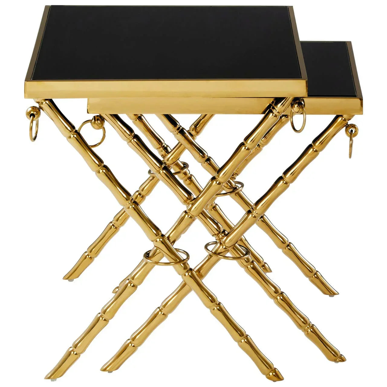 Nesting side tables with gold bamboo-effect legs and black rectangular tops