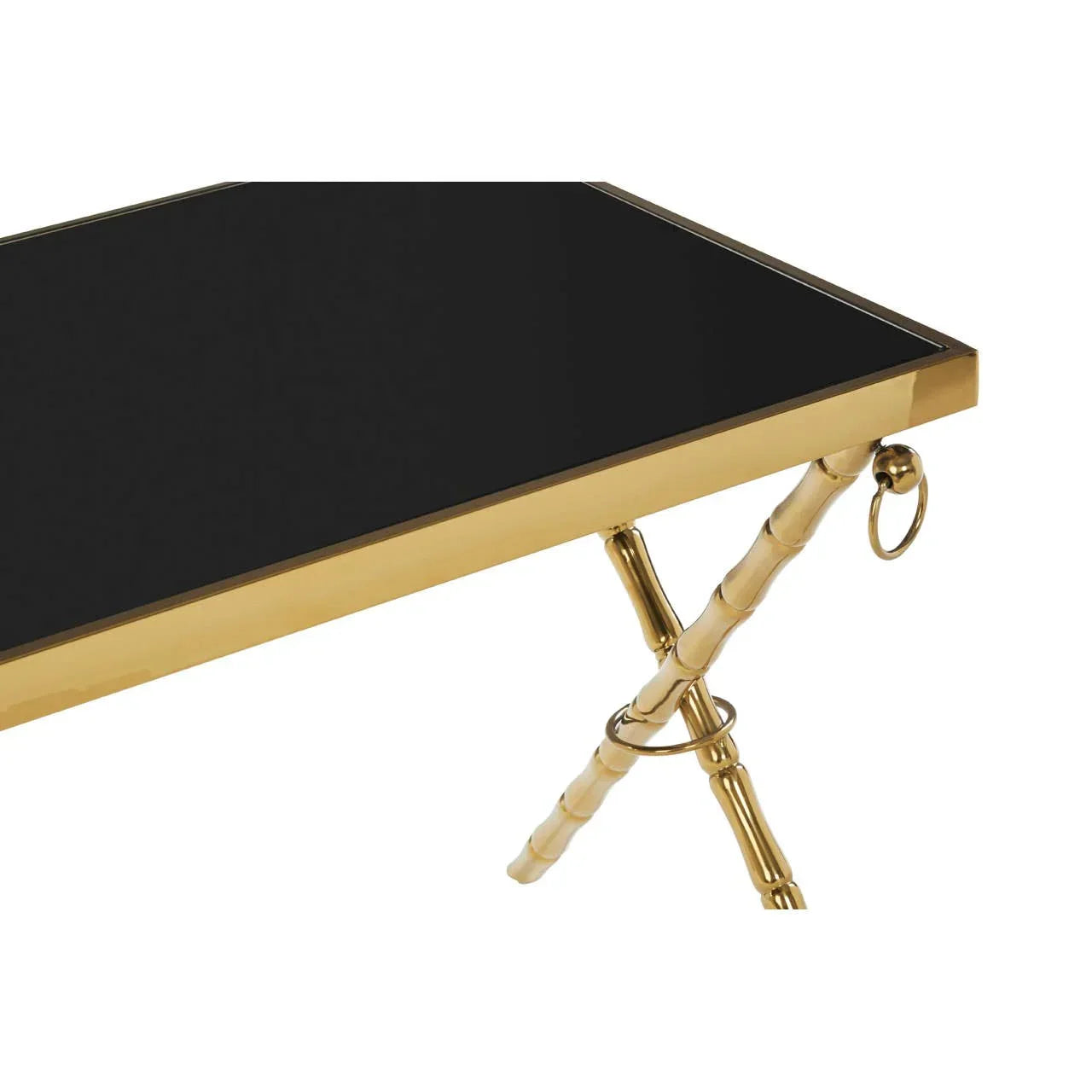 Gold frame side table with black glass top and bamboo effect legs