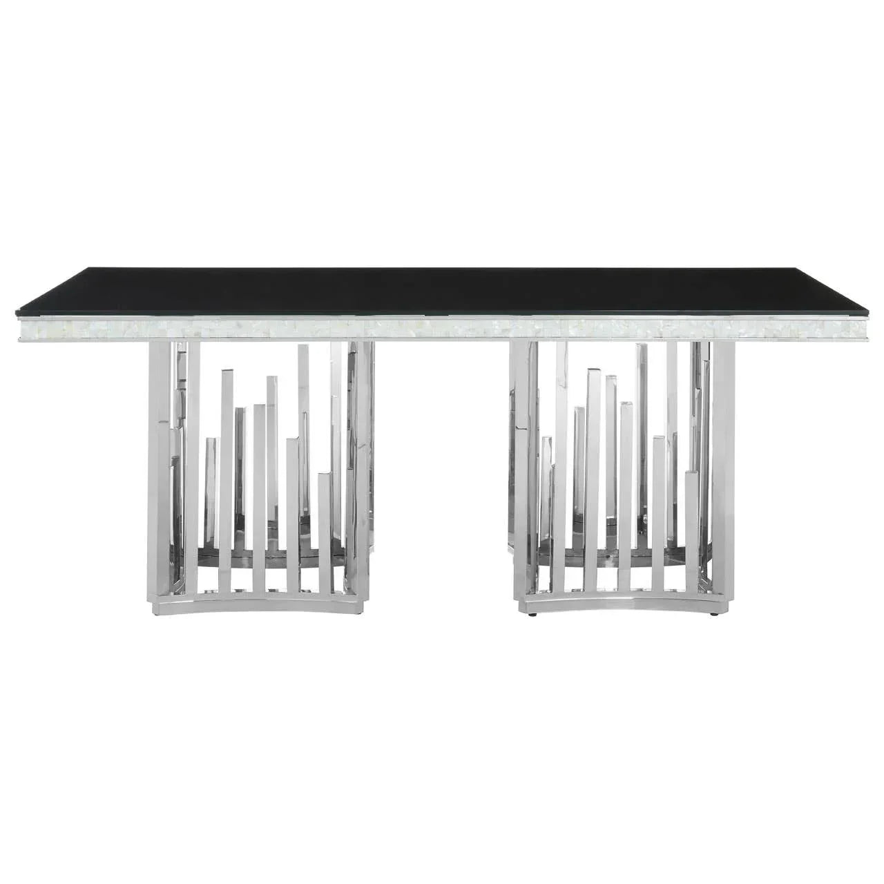 Modern dining table with black glass top and chrome geometric metal legs