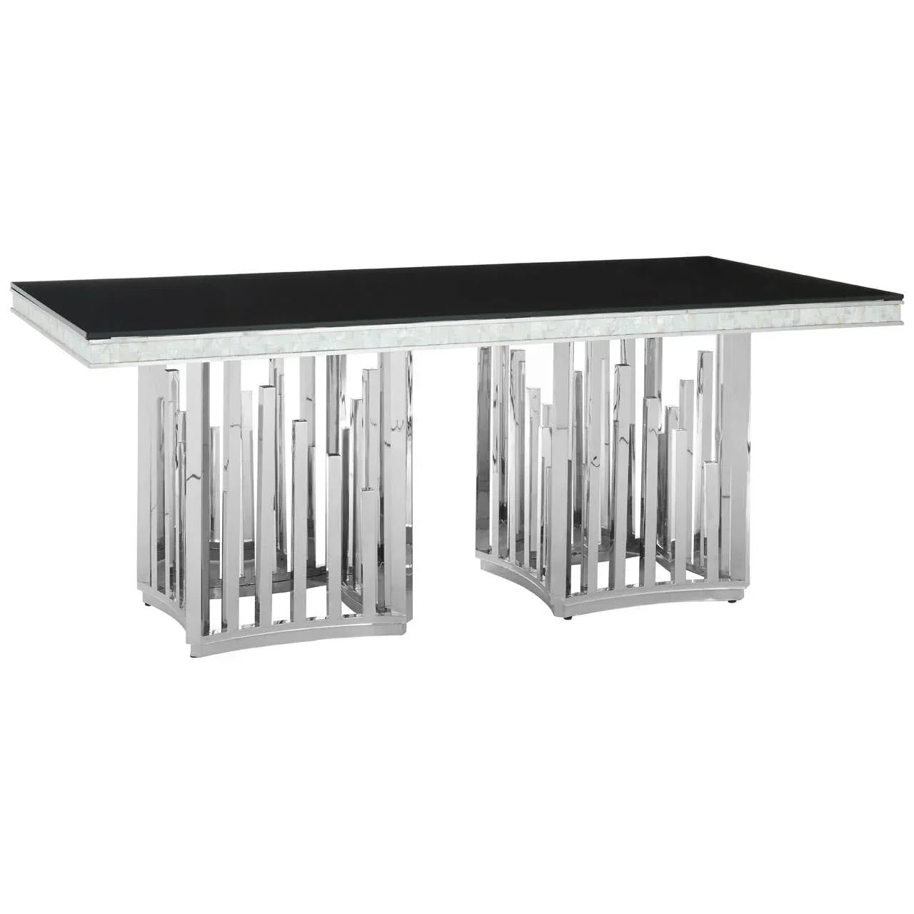 Rectangular black glass dining table with chrome geometric pedestal base