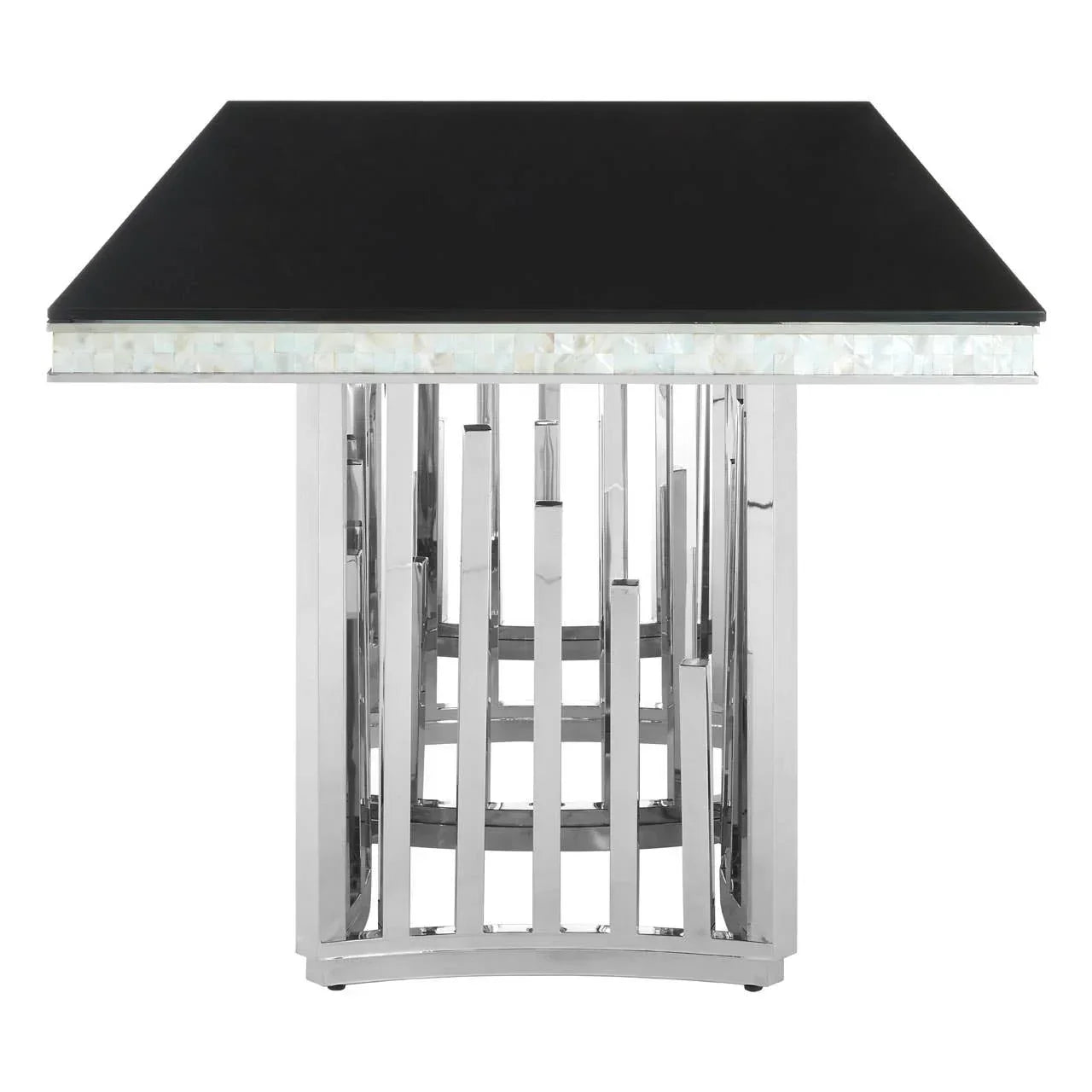 Rectangular black glass dining table with chrome base and mother-of-pearl border detail